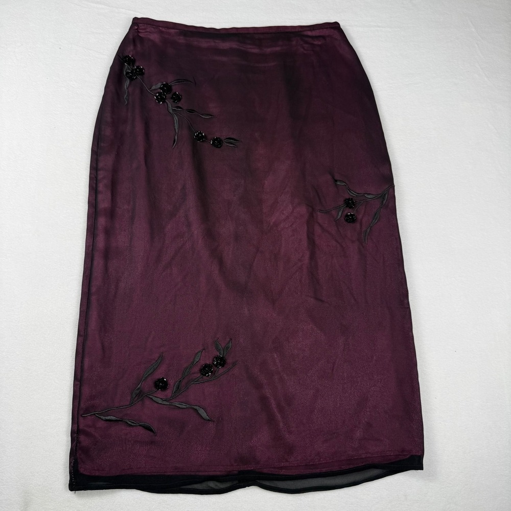 Mixit Silk Midi Skirt 10T Plum Floral Embroidered Whimsigoth Goth Romantic